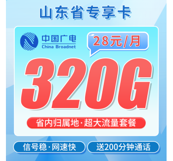 广电山东卡28元320G+200分钟+山东专属！