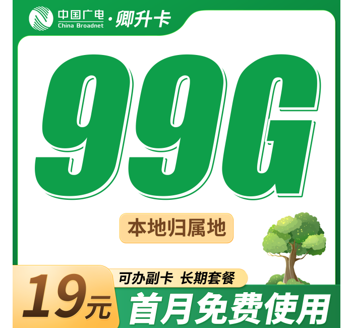 广电卿升卡19元99G+可结转+本地归属地！